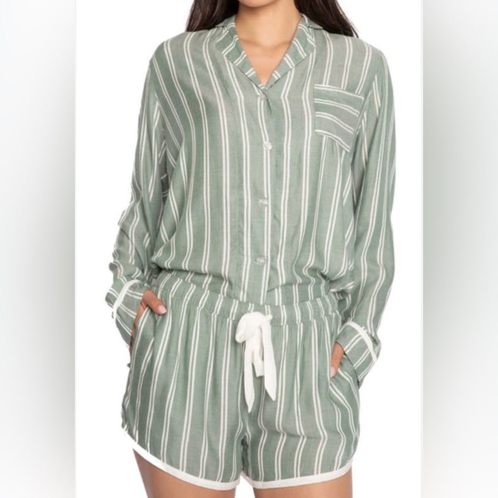 PJ Salvage SET Stripe Hype Green Ivory Rayon Long Sleeve and Shorts Pajama XS